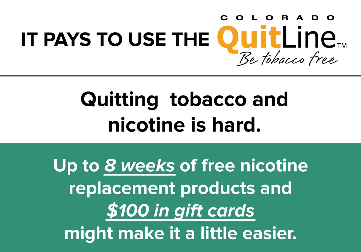 Quitting tobacco/nicotine is hard – Colorado QuitLine is here to help! Enroll before 1/31/26, to receive up to 8 weeks of free nicotine replacement products and gift cards. Visit ColoradoQuits.org or call 1-800-QUIT-NOW (1-800-784-8669).  #RouttCountyPublicHealth