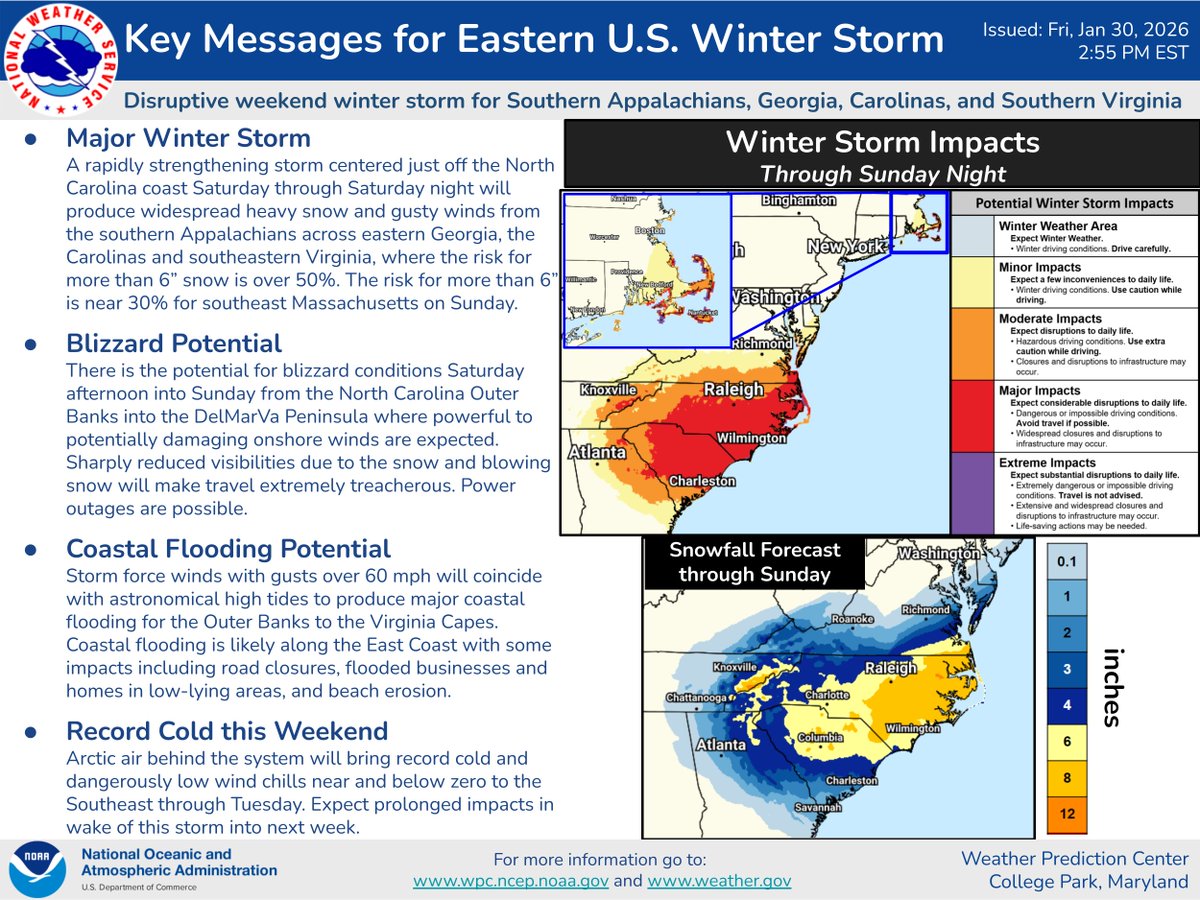 NWSWPC's tweet image. Here are the latest Key Messages regarding the impending major winter storm set to produce significant impacts this weekend across eastern Georgia, much of the Carolinas, the southern Appalachians, &amp;amp; southern Virginia. Travel in will be dangerous or even impossible in some areas.