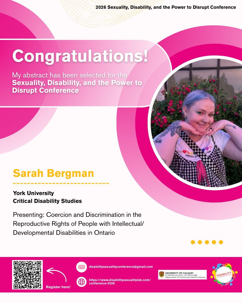 ✨ Sexuality, Disability, and the Power to Disrupt Conference Spotlight ✨ 

Sarah Bergman is a Fat, Mad, Queer, interdisciplinary researcher, presenting on "Coercion and Discrimination in the Reproductive Rights of People with Intellectual/Developmental Disabilities in Ontario."