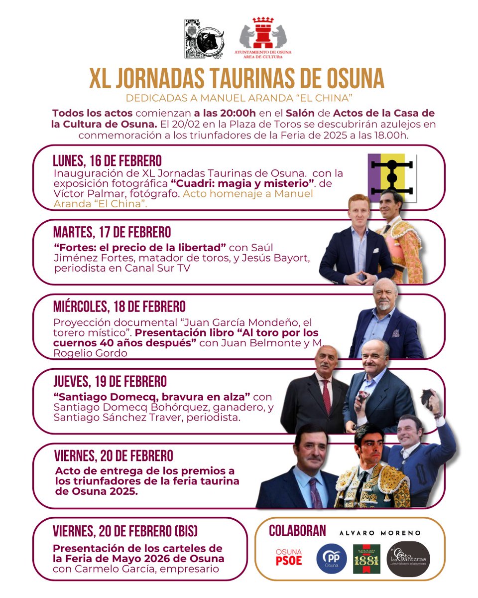 portaltaurino's tweet photo. Osuna gran cartel para las XL Jornadas Taurinas del Círculo Cultural Taurino semana del 16 al 20 de febrero en Casa de Cultura, protagonismo de Cuadri, @JimenezFortes, @juanbelmonteluq, @santiagodomecqb, cierre con entrega de premios Feria 2025 y presentación cartel de Feria 2026 https://t.co/cub33Enct3