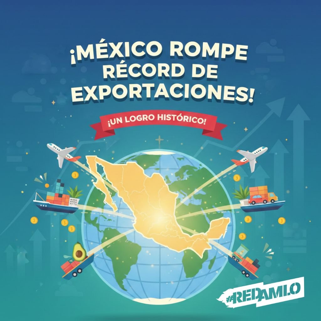 rednacionalmx's tweet photo. ¡México rompe récords! 🇲🇽🚀 En 2025 alcanzamos la cifra histórica de 664 mil mdd en exportaciones. Lo que inició con AMLO hoy se consolida con nuestra Presidenta. ¡Somos potencia mundial gracias a la Transformación! 📈💰 #MéxicoAvanza #Logro4T https://t.co/wEK1CAeGMp