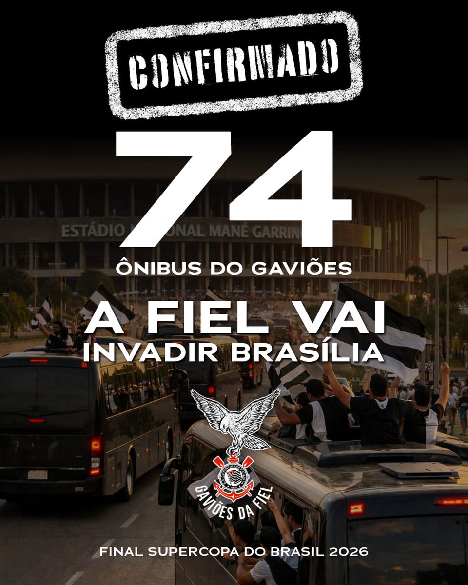 gavioesoficial's tweet photo. GAVIÕES: 74 ÔNIBUS RUMO À BRASÍLIA

O Gaviões da Fiel Torcida está com sua caravana fechada: 74 ônibus partirão rumo a Brasília para empurrar o Corinthians na decisão da Supercopa 2026, que acontece neste domingo, às 16h, no estádio Mané Garrincha.

Mais uma vez mostraremos a grandeza da Nação Alvinegra. A maior torcida organizada do país prepara uma festa nas arquibancadas que levará nossa tradição, nossa voz e nossa energia para transformar Brasília em território alvinegro. Tudo aquilo que levaremos, bandeirolas, papel picado, tiras, bexigas e demais elementos visuais, são permitidos atualmente pelas autoridades, garantindo que a festa seja bonita, segura e à altura do Gaviões.

A Fiel vai cantar do início ao fim, empurrando o time e reforçando por que seguimos sendo reconhecidos como o visitante mais indigesto do futebol brasileiro. Onde o Corinthians estiver, lá estaremos para fazer a diferença.

Rumo à Brasília.

Rumo ao título.

Pelo Corinthians, com muito amor, até o fim!