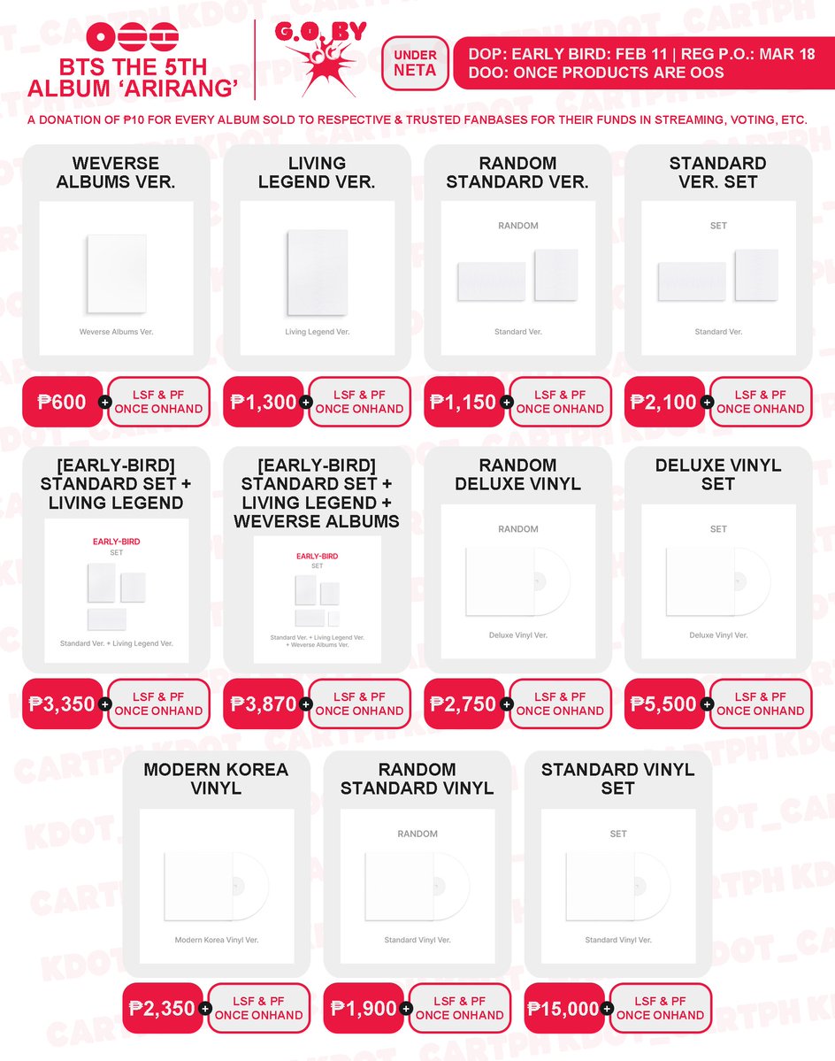 KDOT_CartPH's tweet image. #KDC_GOs | ph go

wts lfb ph BTS The 5th Album ‘Arirang’ GO

⤷ price: ₱600-₱15,000
⤷ dop: DP: Early Bird: Feb. 11 | Reg. P.O Period: Mar. 18
⤷ doo: March 19, 2026
⤷ neta

order form: tinyurl.com/BTSFIFTH