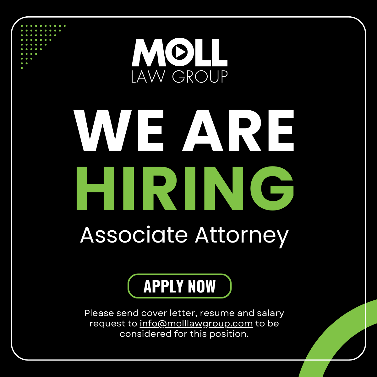 MollLawGroup's tweet photo. Moll Law Group is #hiring an Associate Attorney! 📢🚀

Apply today to join a team that is hard working and driven. Please send a cover letter, resume and salary request to info@molllawgroup.com be considered for this position. https://t.co/2sb0WS9FMy