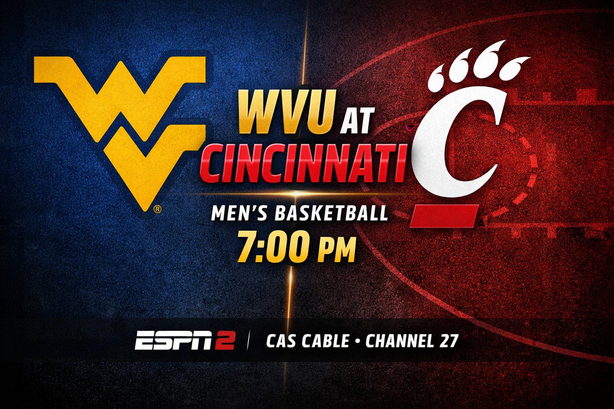 🏀 Mountaineers on the road! 🏀
WVU Men’s Basketball heads to Cincinnati for a Big 12 matchup you won’t want to miss.
📍 WVU at Cincinnati
⏰ 7:00 PM
📺 ESPN2
➡️ CAS Cable Channel 27
Catch every bucket, block, and buzzer-beater with CAS Cable. Let’s go, Mountaineers! 💛💙