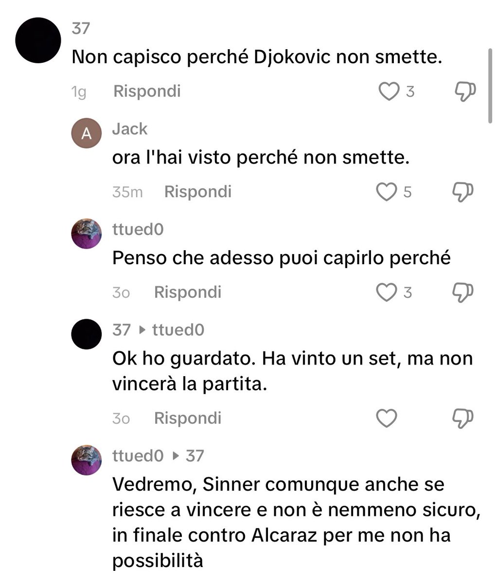 Questo è Novak Djokovic. Banalmente il tennista più grande di sempre, effettivamente lo sportivo (per me, nell’arco narrativo della mia vita) più grande che abbia mai visto. 

#Djokovic #Sinner