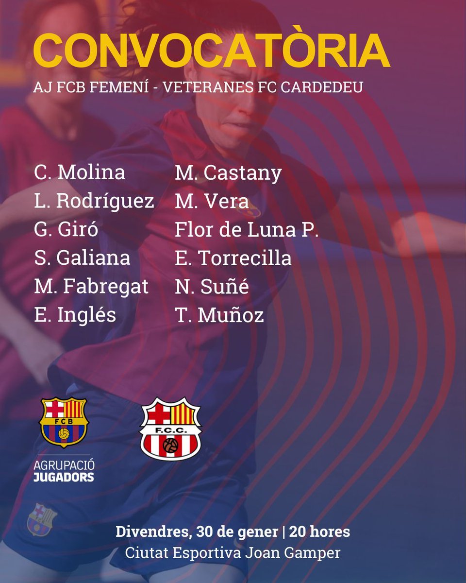 FCBjugadors's tweet photo. 🔥 CONVO pel partit AJ FCB Femení - Veteranes FC Cardedeu

#seguimenjoc🔵 🔴 https://t.co/w79OcHqF7i