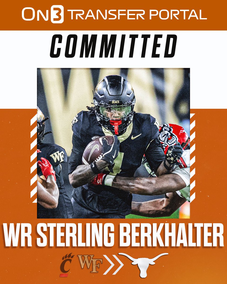 BREAKING: Wake Forest transfer WR Sterling Berkhalter has signed with Texas, <a href="/PeteNakos/">Pete Nakos</a> reports🤘

on3.com/college/texas-…