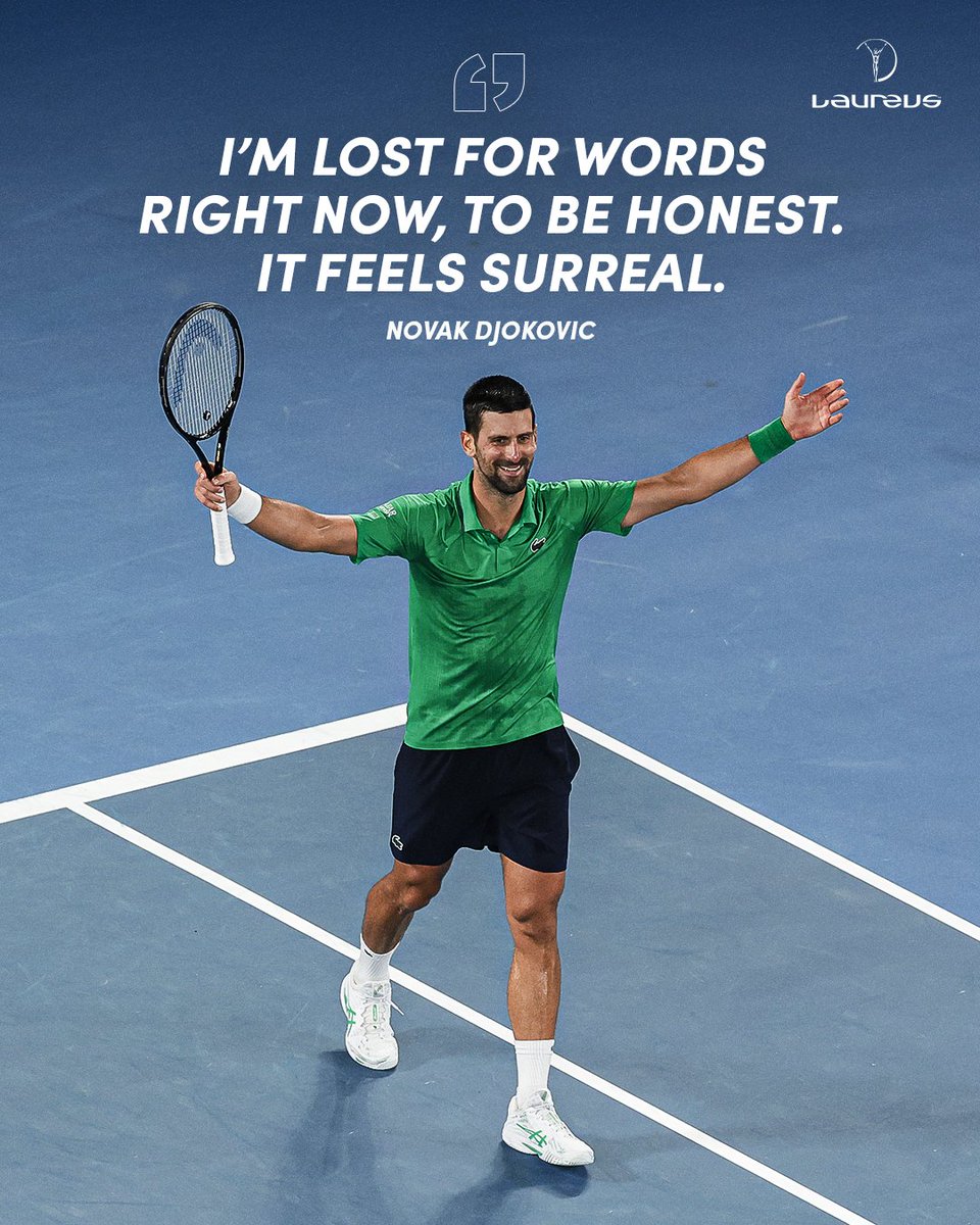 LaureusSport's tweet photo. Surreal and 𝐬𝐞𝐧𝐬𝐚𝐭𝐢𝐨𝐧𝐚𝐥 at the Australian Open 🇦🇺

Five-time Laureus World Sportsman of the Year Novak Djokovic reaches his 38th major final 🎾

#AO26 https://t.co/7rF8ufhfhn