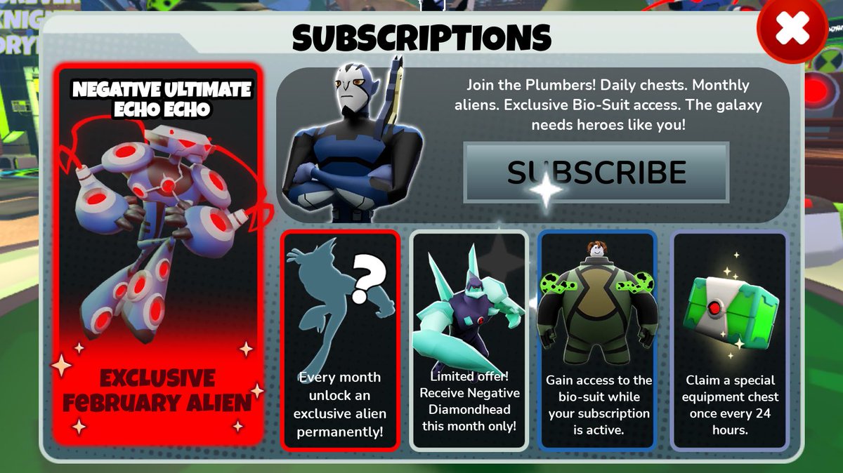 BenTenNews's tweet photo. Join the Plumbers!

The official Ben 10 Roblox game has a subscription now. Unlock exclusive aliens monthly, open special chests daily, and gain access to Azmuth’s biosuit while your subscription is active! https://t.co/l5c4or4Dj2