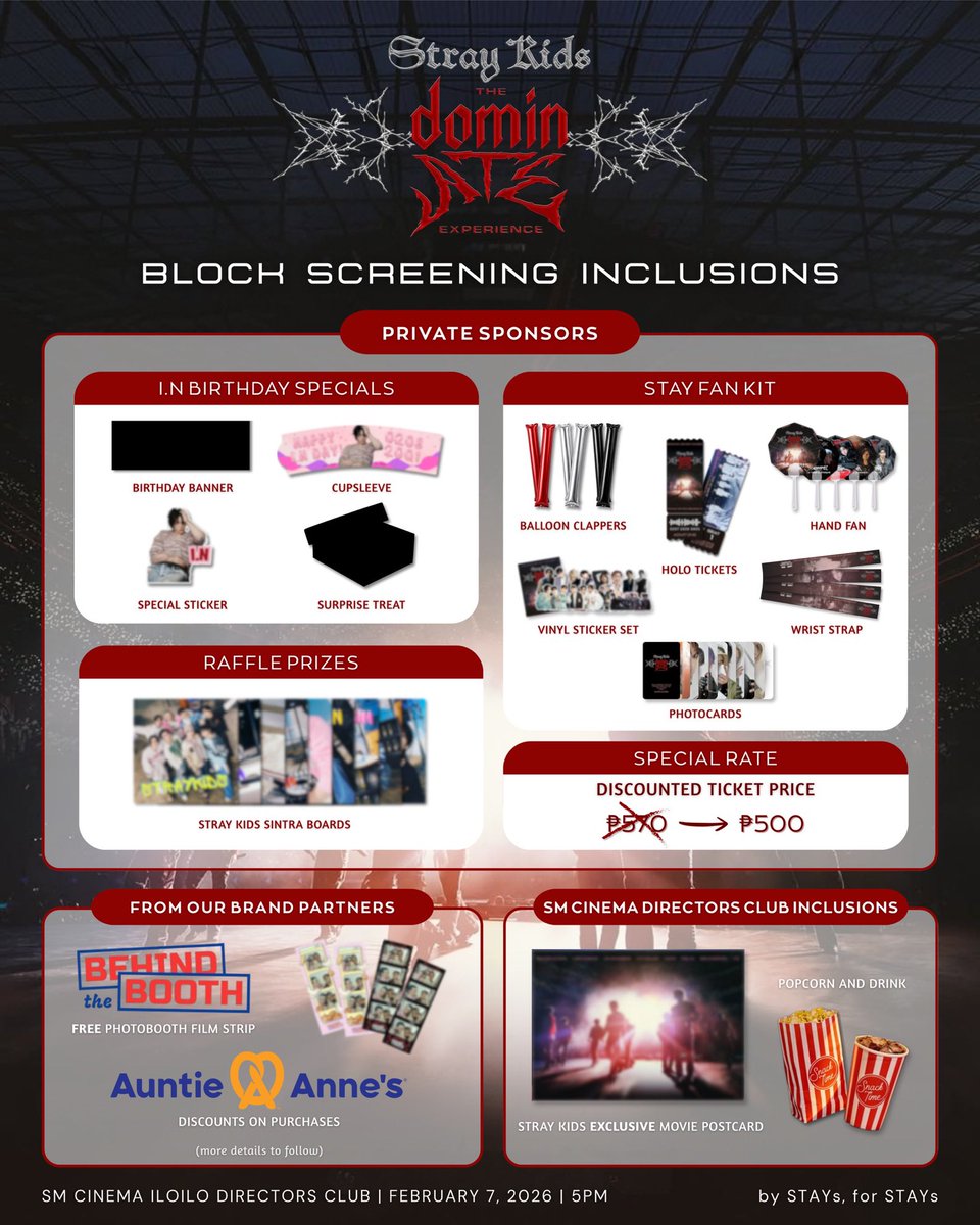 bbbangchan97's tweet photo. ILOILO STAYS! Our Stray Kids Block Screening inclusions are LOCKED IN

Movie exclusives, STAY fan kits, I.N birthday specials, raffle prizes, and partner treats!

P.S. These inclusions are exclusive to the SM Iloilo Cinema block screening, an event organized by STAYs, for STAYs🖤 https://t.co/WimvdtN6nj