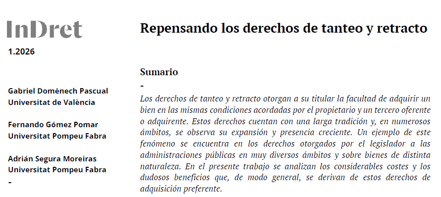 GDomenechP's tweet photo. "Repensando los derechos de tanteo y retracto", por Gabriel Doménech Pascual, Fernando Gómez Pomar y Adrián Segura Moreiras https://t.co/8XpuR6T6kj