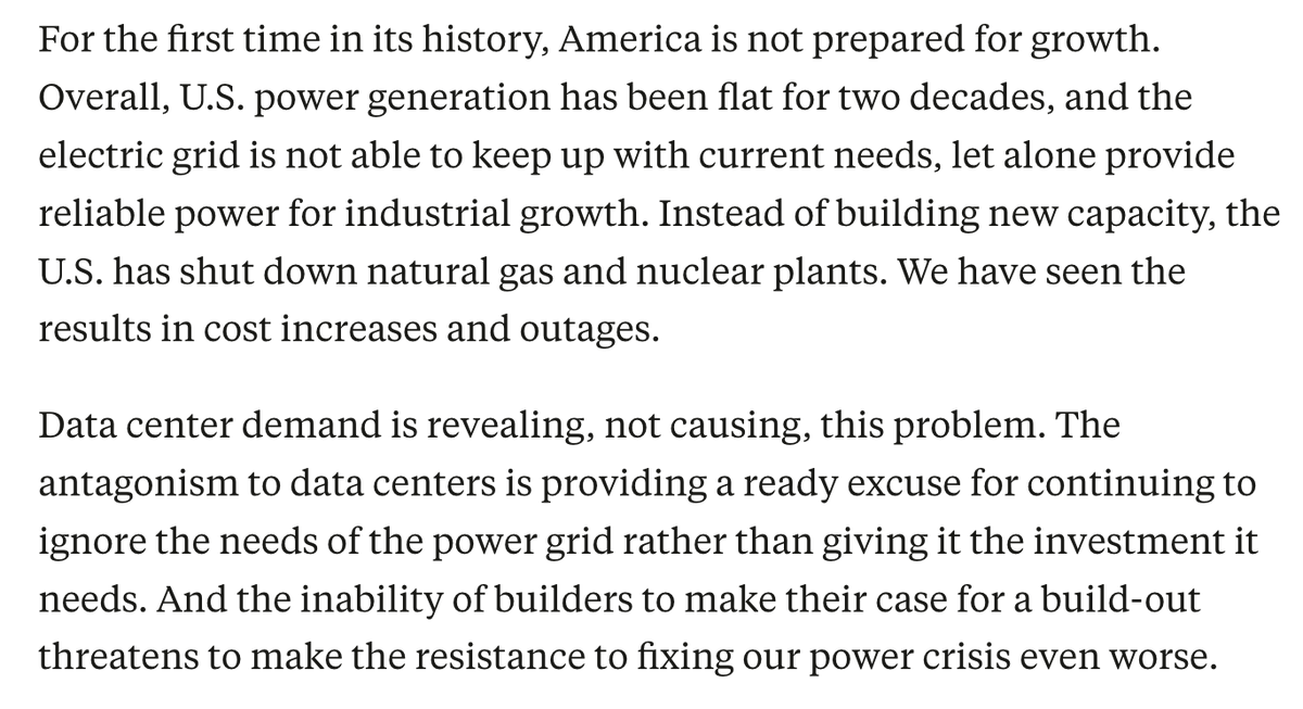 I'm in <a href="/TheFP/">The Free Press</a> arguing that data centers are not guzzling all of our water, nor are they jacking up our bills. 

Instead, they are revealing the severity of our industrial decline.

The only way out is through; the only thing more expensive than growth is decay. 

🔗⏬
