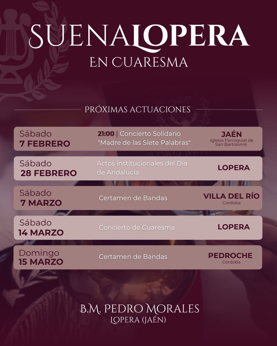 SUENA𝗟𝗢𝗣𝗘𝗥𝗔 en Cuaresma🎺

Estas serán nuestras próximas actuaciones durante la pre-cuaresma y cuaresma de este año.

Conciertos, estrenos de marchas y muchas novedades que nos acompañarán durante esta época.

👉🏼Acompáñanos y disfruta de la #MusicadeLopera.
