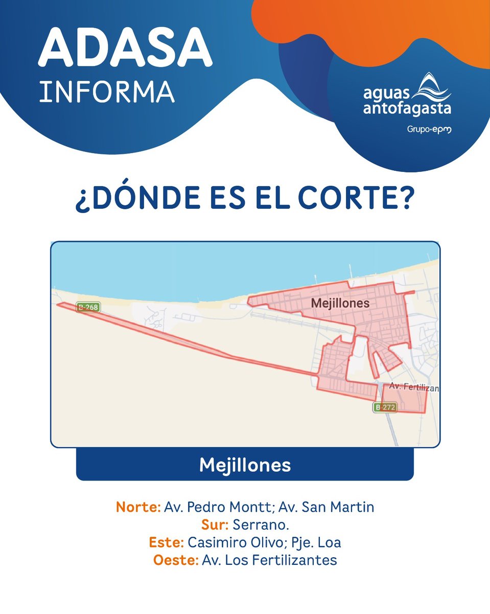 RinconadaFm's tweet photo. Atención comunidad de #Mejillones Por rotura en la aducción, a partir de las 15:00 horas de este viernes 30/011 se llevará a cabo un corte no programado en la comuna. Nuestros equipos trabajan en terreno y se investigan las causas.   La reposición comenzará desde las 03:00 hrs. https://t.co/A05lhlYZ4n