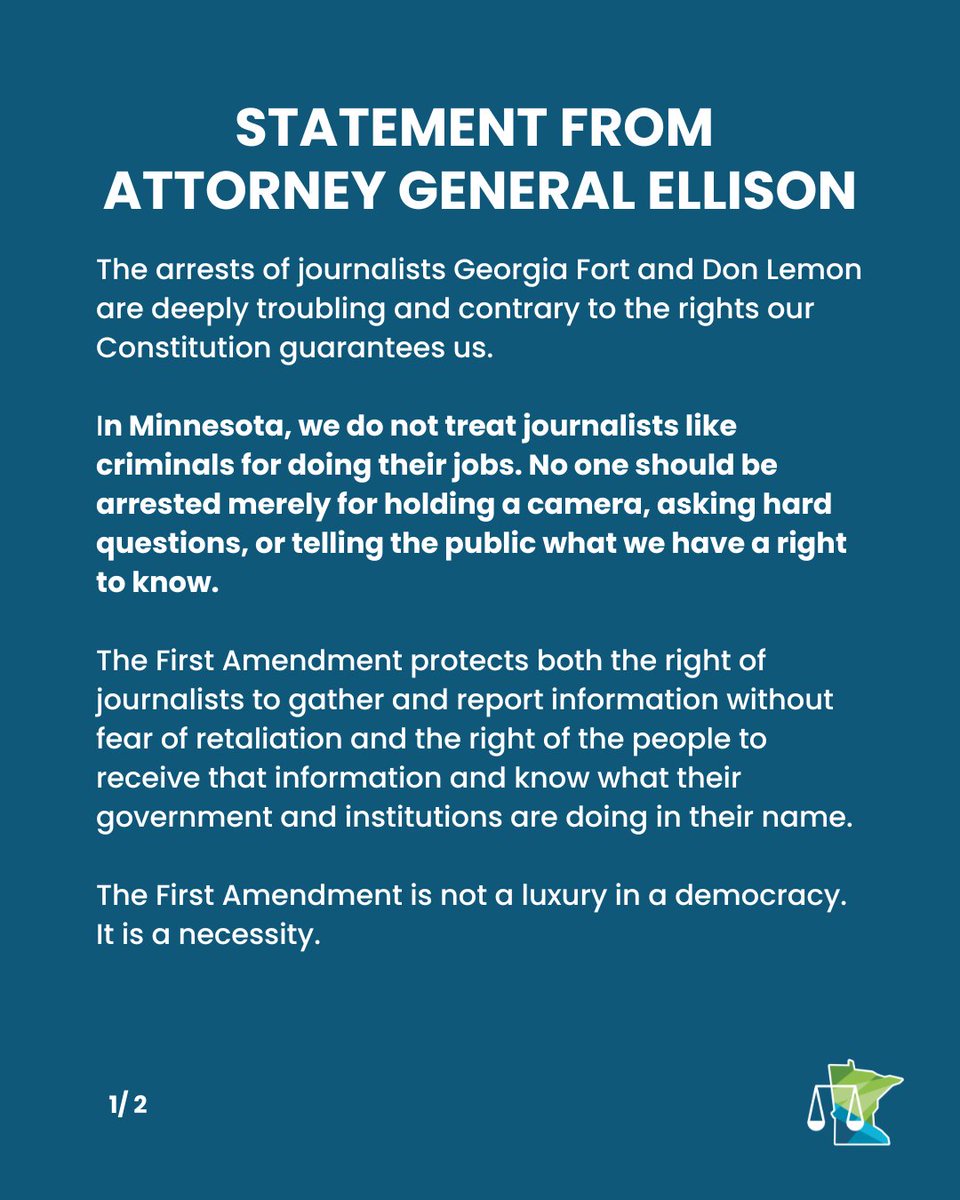 AGEllison's tweet image. My statement on the arrests of journalists Georgia Fort and Don Lemon.