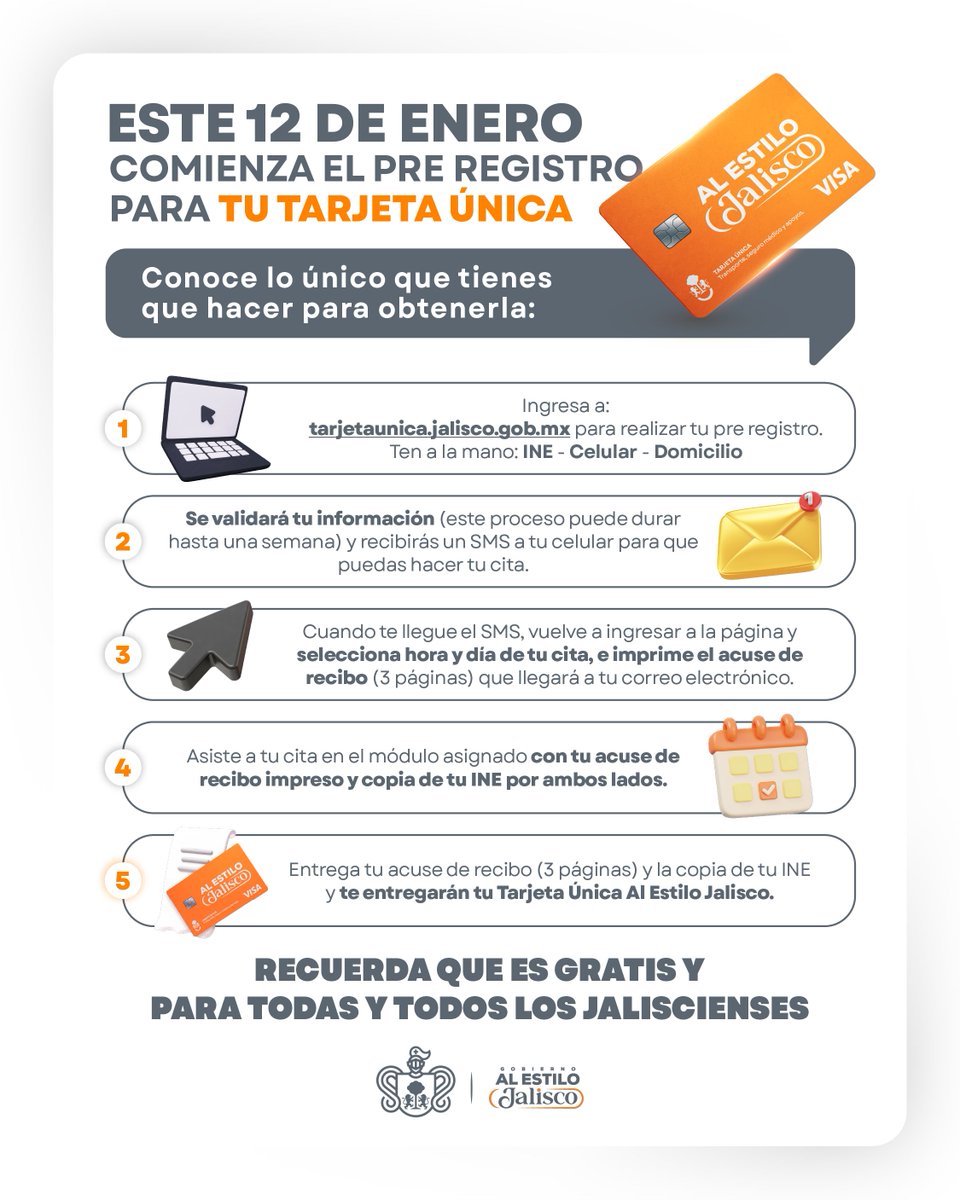 La tarjeta única al estilo Jalisco concentra apoyos, servicios y beneficios para hacer más simple la vida de las y los jaliscienses.

Regístrate aquí:
👉 tarjetaunica.jalisco.gob.mx

Validado tu registro, pide cita en la #UNIRSE #Tepatitlán (Plaza Galerías) a partir del 9 de febrero
