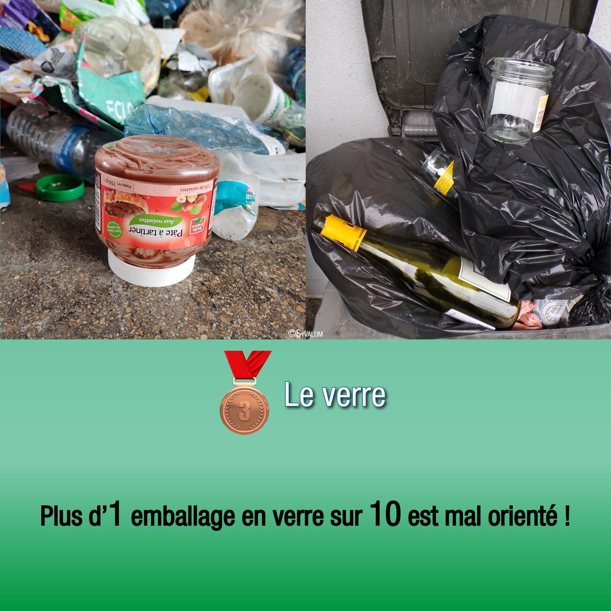SYVALOM's tweet photo. A l’occasion de la nouvelle année, le Syvalom dresse un palmarès 🏅 des erreurs de tri rencontrées sur ses installations en 2025. 🥉Le verre 🥈Les Déchets d'Equipements Electriques et Electroniques (D3E)  🥉🥇Les déchets recyclables https://t.co/GkaJ8wec7P
