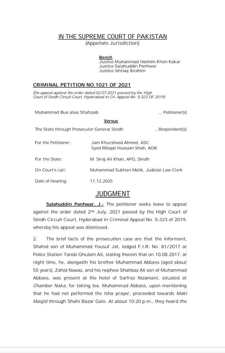 HasnaatMalik's tweet photo. Supreme Court has prohibited the use of the phrase “Bakhidmat Janaab SHO” in applications addressed to police officials, describing it as a remnant of the colonial era.

The verdict, authored by Justice Salahuddin Panhwar, observed that such language reflects an outdated mindset inconsistent with the role of public servants in a modern democratic system.

The issue was raised during proceedings when a Judicial Law Clerk, Muhammad Subhan Malik on Court's call, pointed out the widespread practice of addressing station house officers with the said phrase. He explained that “Bakhidmat” translates to “at service of”, adding that “it is not the citizen in service of the SHO, but the SHO in service of the citizen.” The Judicial law clerk further highlighted that the terms Complainant and Informant are often used interchangeably, even in FIR matters, a practice the Court termed incorrect.

Agreeing with the submission, the judgment authored by Justice Salahuddin Panhwar observed that from now on, the for addressing the SHO, "Janaab SHO" is sufficient. The Court further observed that the term Complainant would only apply to a person filing a private complaint under Section 200 Cr.P.C, while the person lodging an FIR would be regarded as an Informant.

The 19 page verdict also barred the use of the term “Faryaadi” in police proceedings, observing that it conveys the impression of a citizen seeking mercy rather than exercising a legal right. It noted that the word, of Persian origin, refers to one who cries for help.

In addition, the Court interpreted Section 201 of the Pakistan Penal Code, warning that police officers delaying the registration of FIRs could face prosecution under the provision. The judgment observed that delay in registration hampers the timely commencement of investigation and may result in the loss or deterioration of vital forensic evidence.

The judgement is announced on Jan 30, 2026.