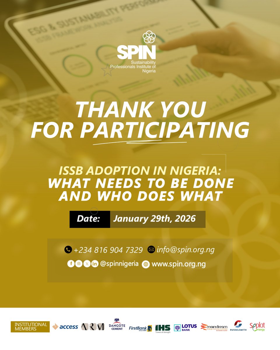 Thank you to our speakers, attendees, moderators and all who joined our webinar.

Nigeria is moving forward, and the work is now.

Watch the recording: youtu.be/7E4aGGUsSG8?si…

#ISSB #ESG #SustainabilityReporting #CorporateGovernance