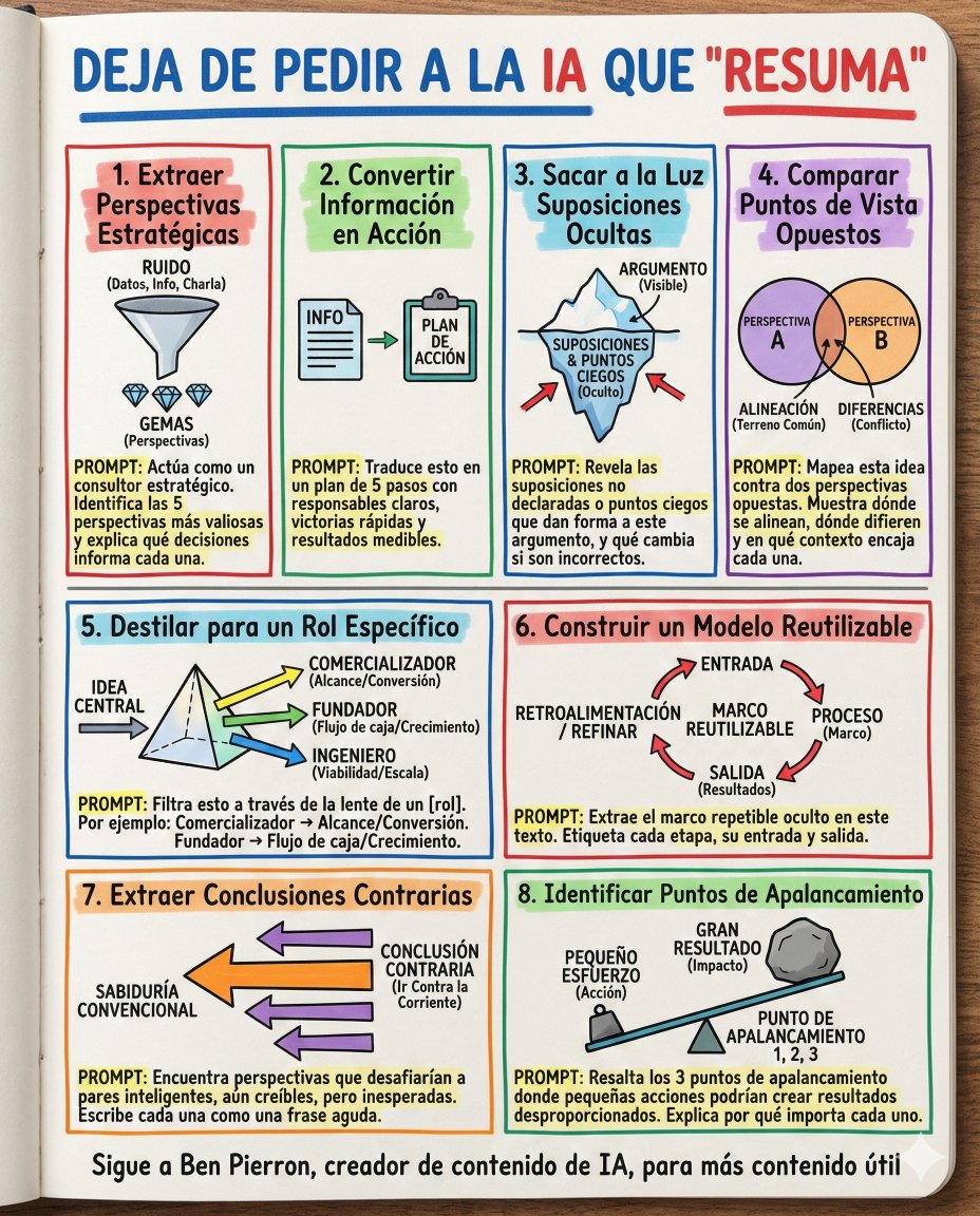Deja de pedirle a la IA que resuma.

Haz esto en su lugar:

1. Extrae insights estratégicos

“Actúa como un consultor estratégico. Identifica los 5 insights más valiosos y explica qué decisiones informa cada uno.”

La IA se convierte en tu analista tipo McKinsey.

2. Convierte la