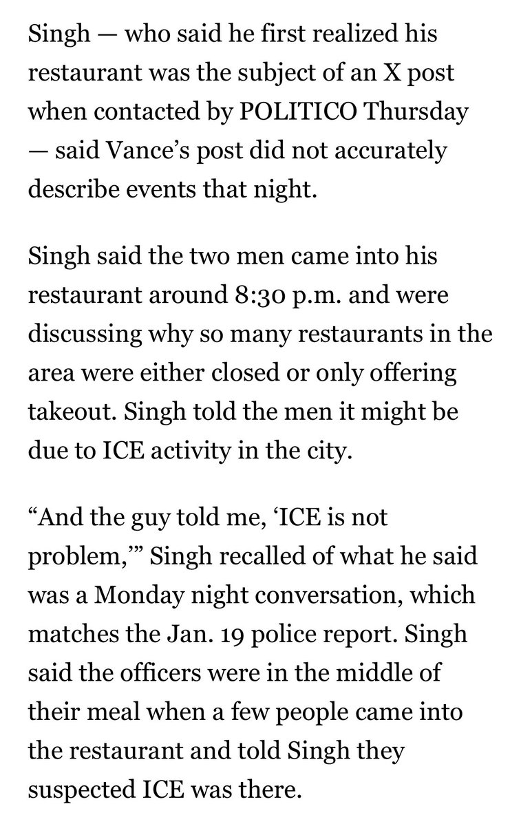 After slandering Alex Pretti, Vance tried to generate sympathy for ICE with a story about an incident at a restaurant in Minneapolis. Now Minneapolis police and the manager of that restaurant have come forward to dispute Vance’s story. Everything this loser says is either