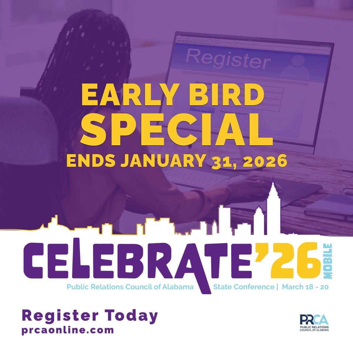 🎭✨Early bird registration for the 2026 PRCA State Conference ends January 31.

Join PR pros from across Alabama in Mobile for three days of inspiration, connection, and celebration.

👉 Early bird pricing ends January 31
prcaonline.com/Conference