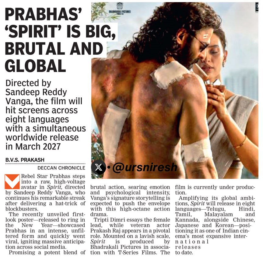 #Prabhas𓃵's #Spirit is Big Brutal and Global ❤️‍🔥

As We All Know, From the Announcement Itself - The Film Aiming a Simultaneous Release Across 8 Languages Worldwide 🥵💥

March 5th 2027 ✅🔥

RebelStar in a Raw, High Voltage Avatar ❤️‍🔥

#OneBadHabit #SpiritTheUnbreakab