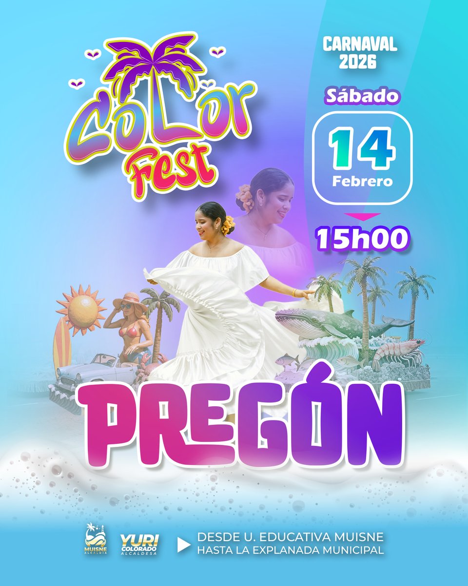 MuisneAlcaldia's tweet photo. 🌴🎉
Este sábado 14 de febrero, todos los caminos conducen a Muisne, vive el gran Pregón de Carnaval 2026, un desfile lleno de identidad, música y color que recorrerá el corazón de nuestro cantón.

📍 Desde la U. Educativa Muisne hasta la Explanada Municipal
🕒 15h00

¡Te esperamos!