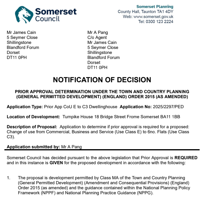 PlanningBase's tweet image. @planningbase obtains prior approval planning permission for change of use of former office building to 6 flats in #Frome town centre. A robust assessment of the #ClassMA regulations ensured that swift consent was issued. #fromeplanning #somersetplanning