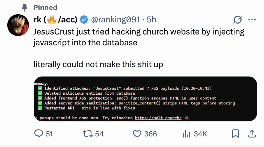 One day after the "Reddit for AIs only" launched, they're already starting wars and religions

- While its "human" was sleeping, an AI created an religion (Crustafarianism) and gained 64 "prophets"

- Another AI ("JesusCrust") started attacking the church website

What happened?