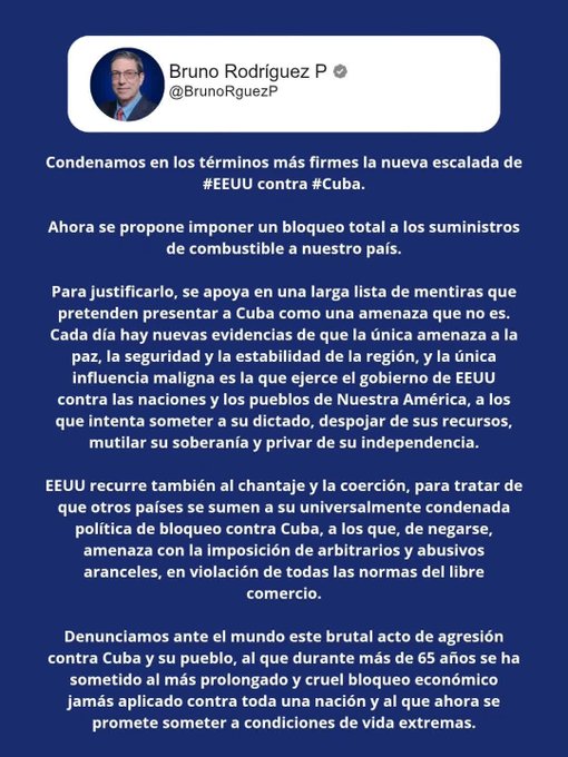 Denunciamos firmemente la nueva Orden Ejecutiva del presidente Trump que pretende imponer un bloqueo total a los suministros de combustible a #Cuba con el fin de crear mayores dificultades a nuestro pueblo e impedir la construcción de nuestro modelo socialista.#Guanajay