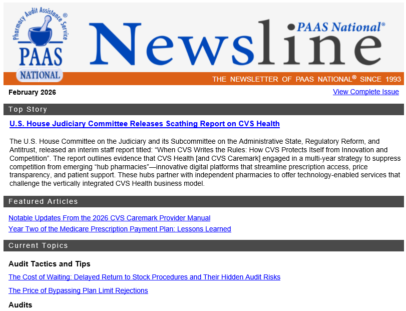 PAASNational's tweet photo. Your February Newsline is here: Judiciary Committee Criticizes CVS Health, Year 2 of the M3P, Return to Stock Audit Risks, 2026 Caremark Provider Manual Updates, &amp; more! PAAS Audit Assistance members can read more helpful tips on the Portal: https://t.co/VRECL6DskD https://t.co/SFvyO1FegQ