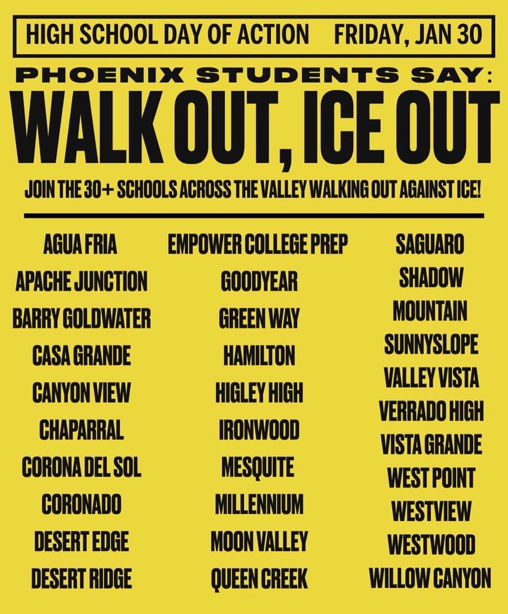 RCMaxw3ll's tweet image. The full list of public schools in Maricopa County participating in a valley wide walk out in protest of ICE.🏜️
