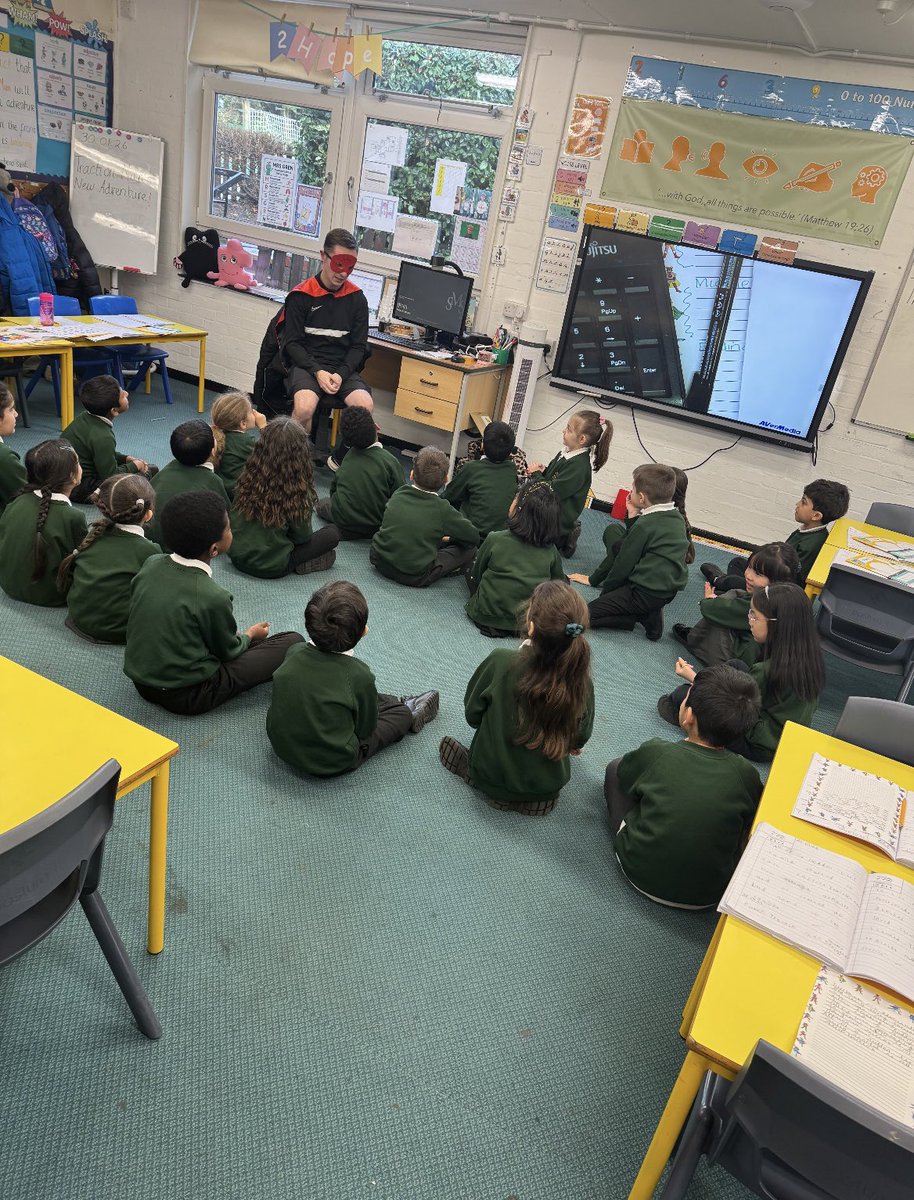 SMSJ_London's tweet photo. In English, Year 2 have been writing stories about superheroes. Today, ‘Spider-Rowe’ popped by to listen to some of their amazing work!🦸🏻‍♂️ https://t.co/V0vSjO0ge3