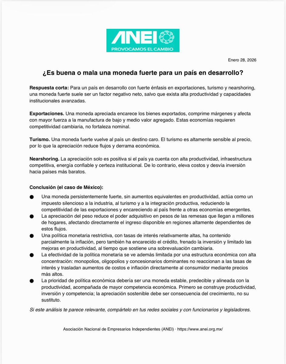 ¿Le conviene a México el “súper peso”?

A propósito de la muy relevante (y nociva) apreciación del peso 🇲🇽, la ANEI comparte con ustedes algunos puntos a considerar en el contexto de qué es lo que conviene o no a un país exportador, en vías de desarrollo como el nuestro.

El peso