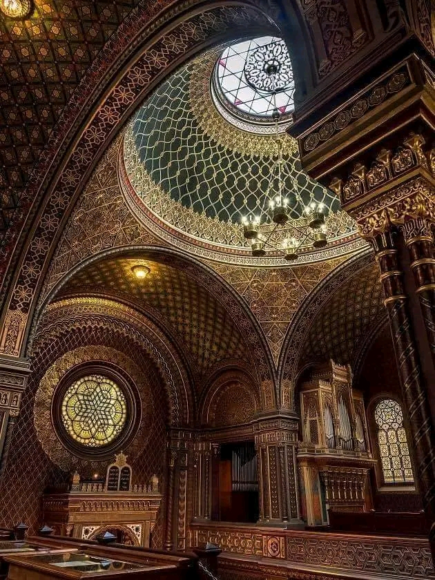 The opulent interior of the Spanish Synagogue in Prague, Czech Republic.