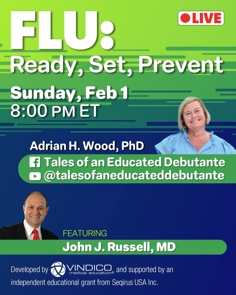 VindicoMedEd's tweet photo. This Sunday at 8:00 PM ET: Watch John J. Russell, MD, FAAFP as he joins content creator Adrian H. Wood, PhD LIVE on Facebook and YouTube to discuss flu prevention.

To watch, follow Adrian on Facebook and YouTube and turn on post notifications: 
▶️YouTube: talesofaneducateddebutante
🟦Facebook: Tales of an Educated Debutante