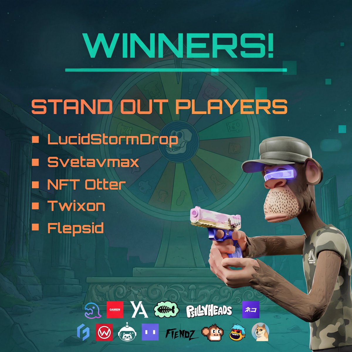 We have our Winners for GAME NIGHT #32!💥

Congrats to the lucky Soldiers who scored rewards in the Spin the Wheel giveaway, and to those who stood out on the battlefield! 🎉

You know the drill open a support ticket in our Discord to claim.

Stay locked in for more news! 🫡