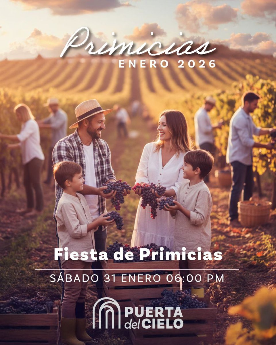 Mañana tenemos una cita a las 6:00 PM para vivir juntos la Fiesta de Primicias, un tiempo para honrar a Dios entregándole lo primero y comenzar el año con fe, gratitud y expectativa. Como familia celebramos #Primicias2026 🍇 confiando en lo que Él hará en medio de nosotros.