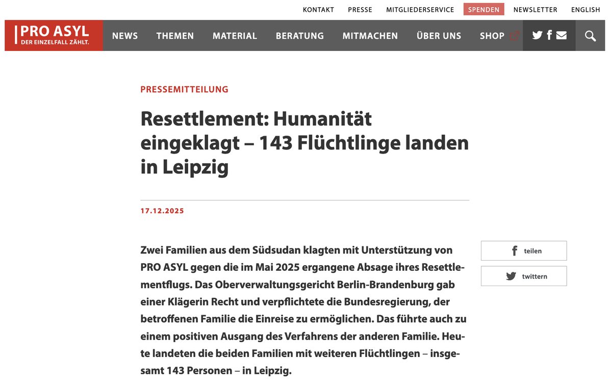 jannibal_'s tweet image. Wer übrigens erst jüngst ein Recht auf Einreise aus dem Südsudan im Rahmen humanitärer Programme eingeklagt hat? »Pro Asyl«. Die Organisation vertrat zwei Familien aus dem Südsudan, die im Rahmen des »Resettlement« afrikanischer Migranten nach Deutschland einreisen durften. 

Das…