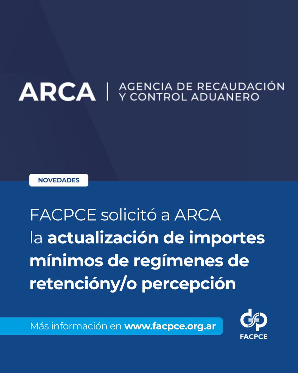 FacpceArgentina's tweet photo. Elevamos ante ARCA un pedido de revisión de importes mínimos en distintos regímenes tributarios, con el objetivo de avanzar en la simplificación del sistema y reducir cargas administrativas desproporcionadas que impactan especialmente en las MiPyMEs.

https://t.co/qDGLjHeudp https://t.co/ZWlGzrniN1