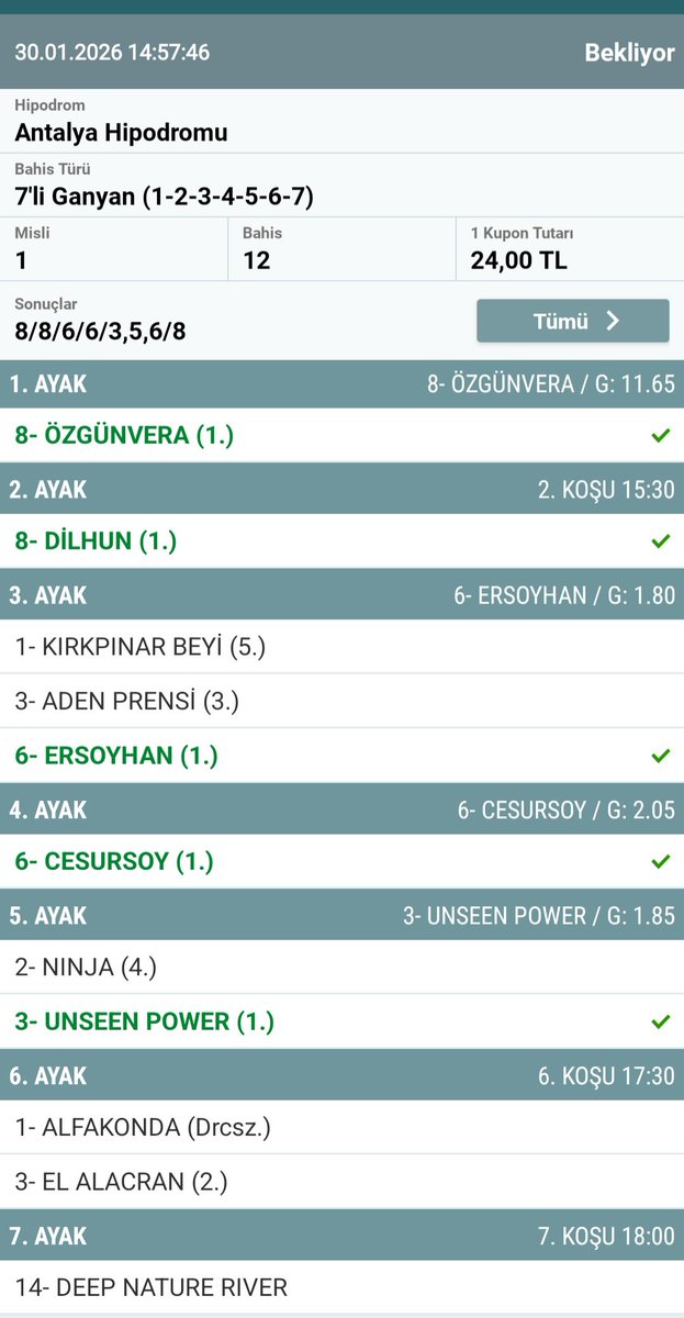 Aslında 7 li plase oynamak istemiştim 7li ganyan oynamışım neredeyse tutturuyordum. Para veren ayakları da tek tek buldum aslında...