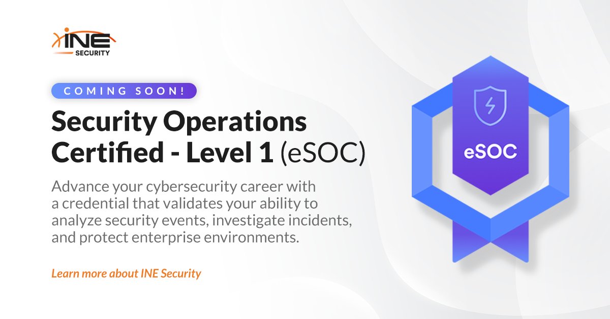 SecurityTube's tweet image. eSOC is coming soon 🔥

A new foundation credential for future SOC analysts and defenders.

Who’s planning to go for eSOC when it drops? 

👉 Learn more: bit.ly/4qQ2d1j

#INE #eSOC #SecurityOperations #CyberSecurity #SOC #CyberCareers #Certification