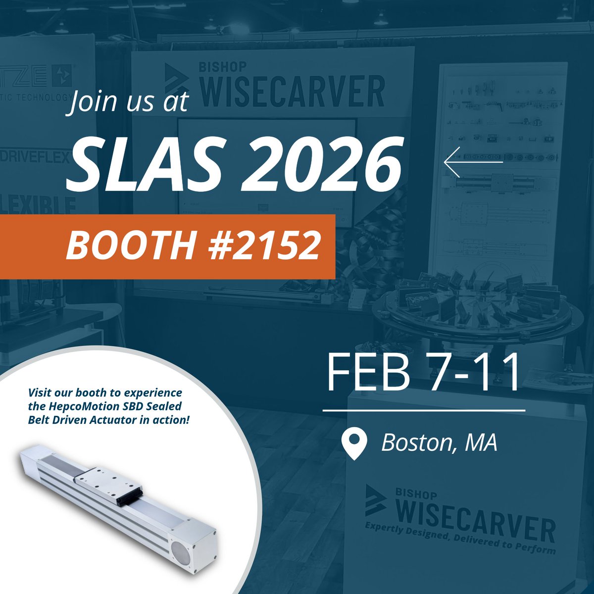 BWCnews's tweet photo. Visit us at SLAS 2026, Booth 2152. Bishop-Wisecarver offers precision stainless-steel motion solutions for lab automation and medical use. Check out the HepcoMotion SBD Sealed Belt Driven Actuator live in Boston, February 7–11. https://t.co/UG5IeZUaYU