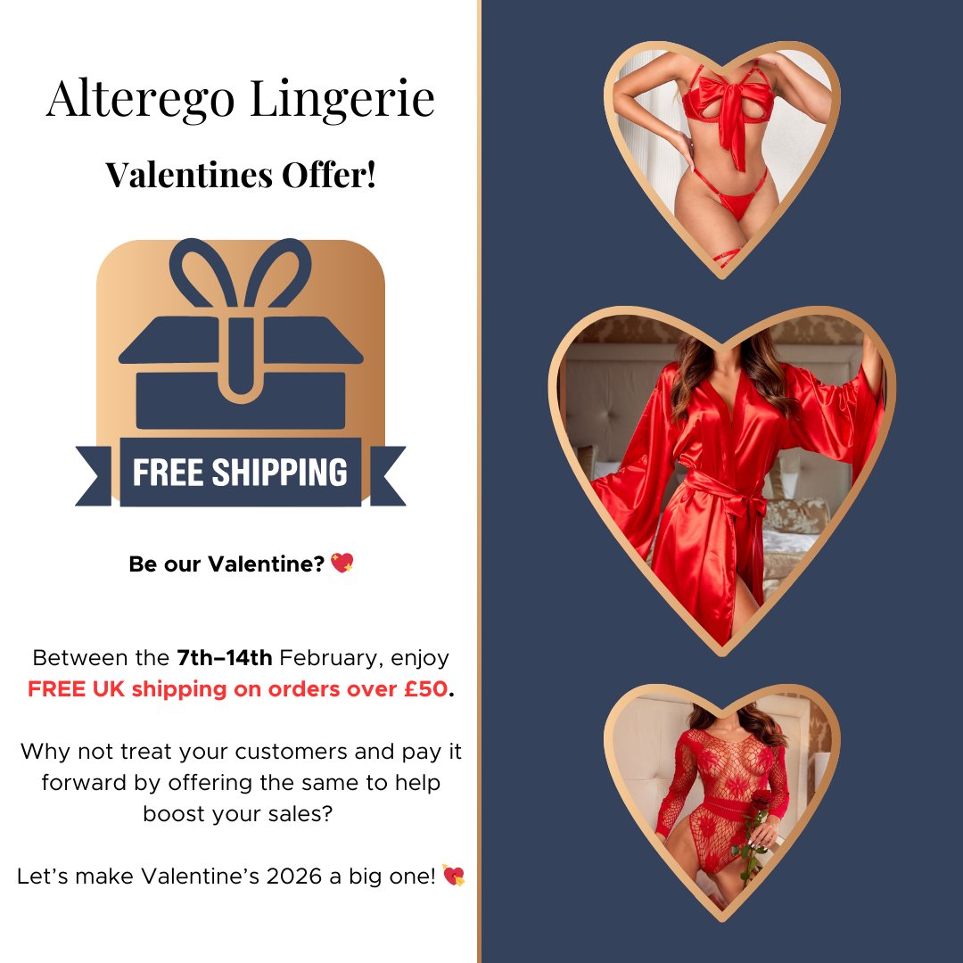 UK_Alterego's tweet photo. Valentine’s is almost here 💕 

From 7th–14th Feb, enjoy FREE UK shipping on orders over £50! ✨ 

Keep an eye on our website for the code at checkout &amp; treat your customers 💘

#ValentinesPromo #FreeUKShipping #LingerieWholesale #ValentinesSales https://t.co/7fcwatW9yx
