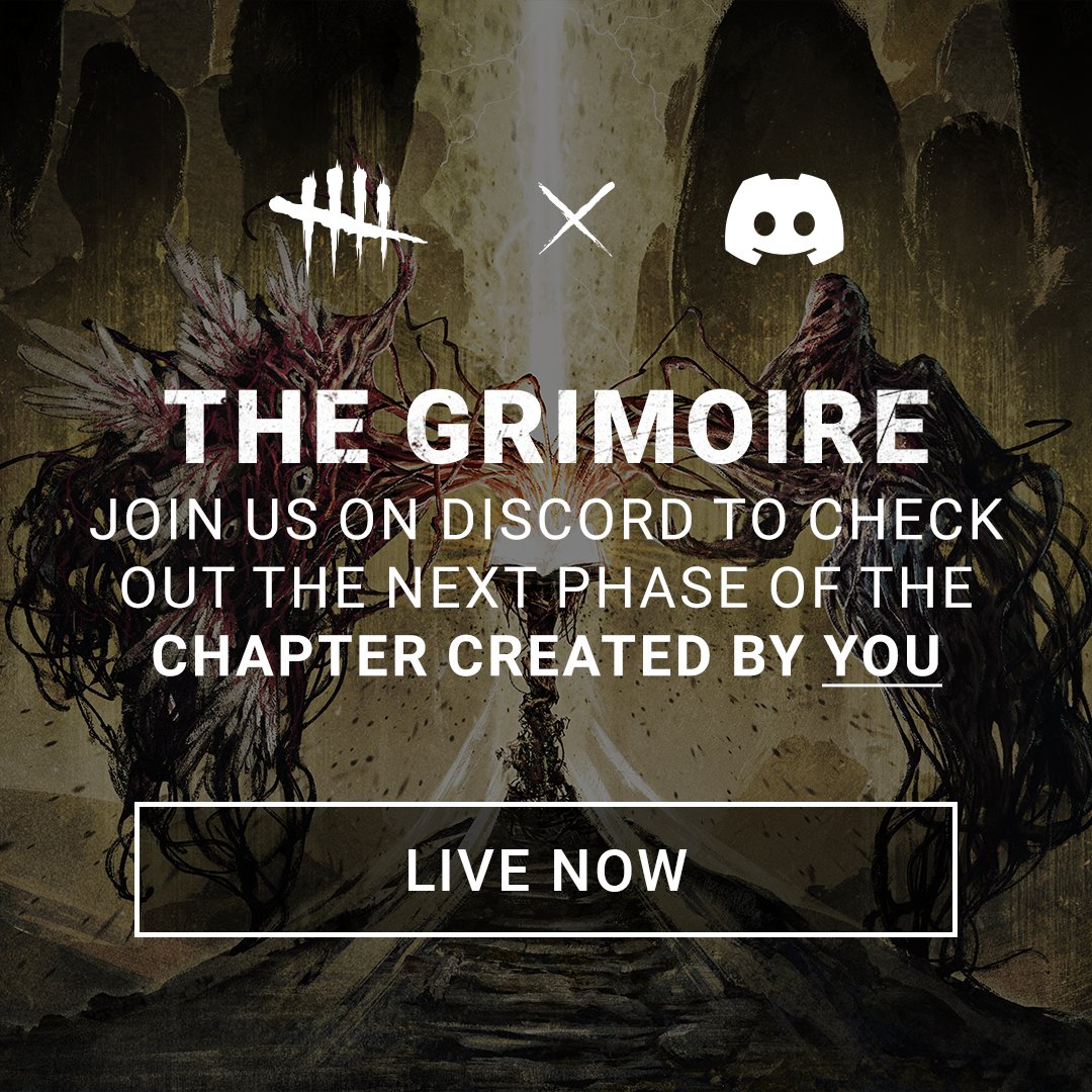 The Grimoire is about to open... 📖

Join our devs for a first look at what you'll get to vote on later today to further define the Killer and the Survivor of our first community-made Chapter!

We're LIVE NOW on Discord! 
🔗 discord.gg/deadbydaylight