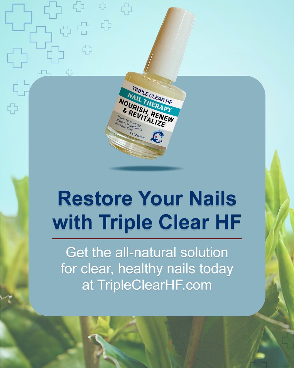 TripleClearHF's tweet image. Yellowing, white spots, or dark patches can reveal fungal infections, mineral deficiencies, or trauma.

Triple Clear HF addresses the root cause naturally, restoring nail strength, clarity, and resilience: TripleClearHF.com

#NailHealthTips #HealthyNails #TripleClearHF