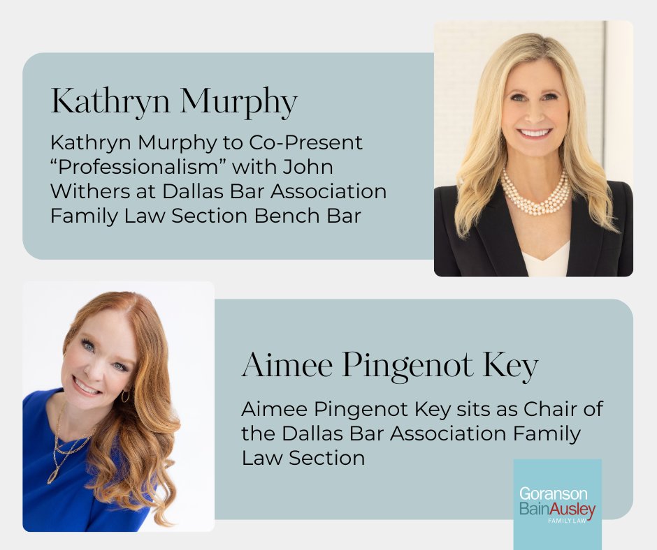 GBA Partner Kathryn Murphy will co-present “Professionalism” with John Withers at the Dallas Bar Association Family Law Section Bench Bar next week.

We also recognize GBA Partner Aimee Pingenot Key for her leadership as Section Chair.

Proud to be part of this legal community.