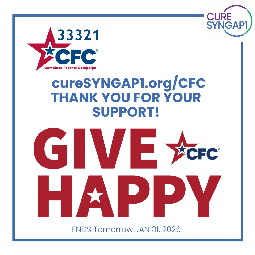 cureSYNGAP1's tweet image. Tomorrow is the last day to donate to Cure SYNGAP1 through the CFC‼️ 
Thank you to everyone who already has supported Cure SYNGAP1's mission, your support helps move us closer to the day we can #CureSYNGAP1 ⭐ 

Send any final donations here: cureSYNGAP1.org/CFC

#SYNGAP1